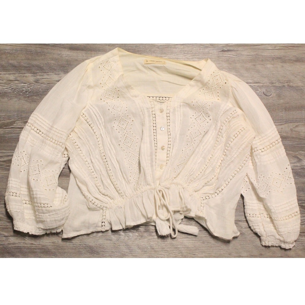 Lucky Brand White Cotton Eyelet Lace Tassel Drawstring Blouse Small